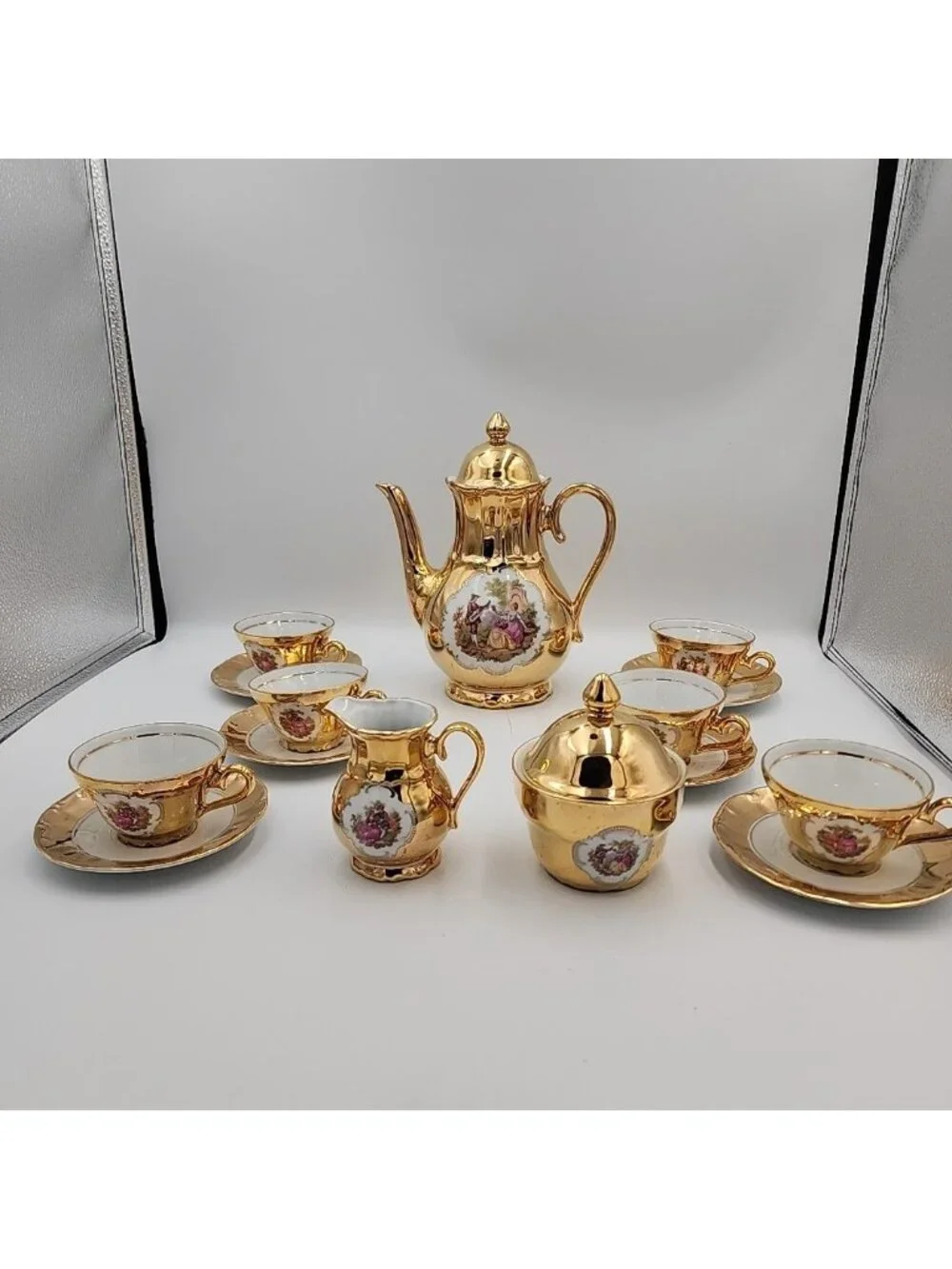Vintage Porcelain STW Bavaria Gold Tea Set 15 Pc Germany Sugar Creamer Pot Cup